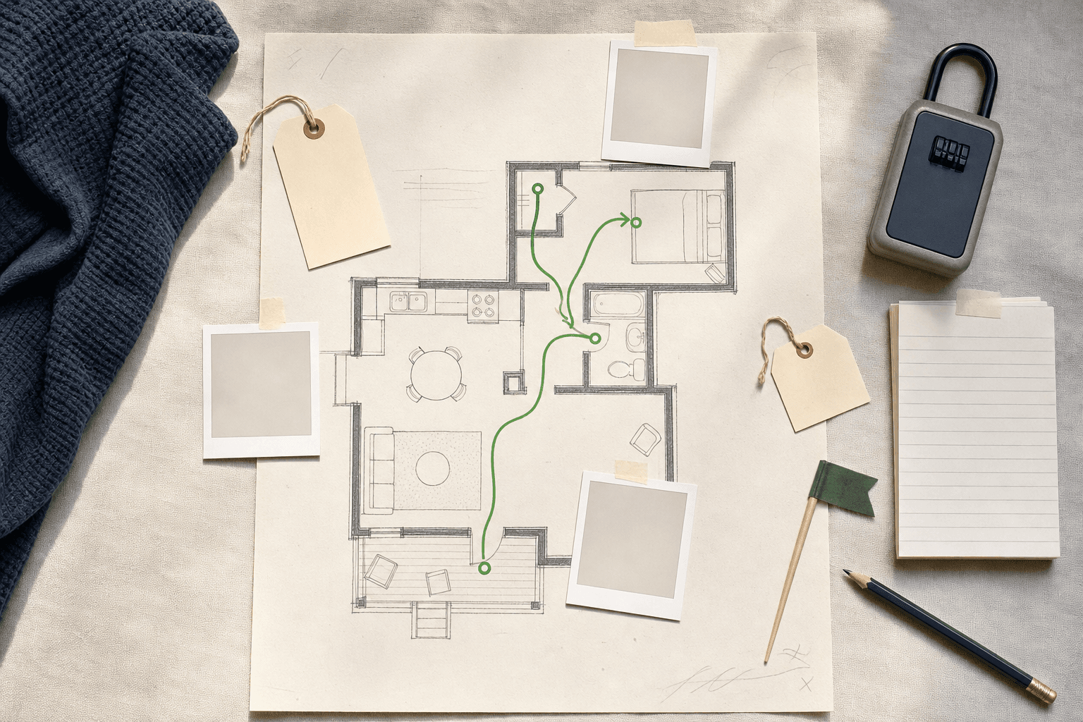 Overhead short-term rental turnover floorplan with room check tags and photo spots