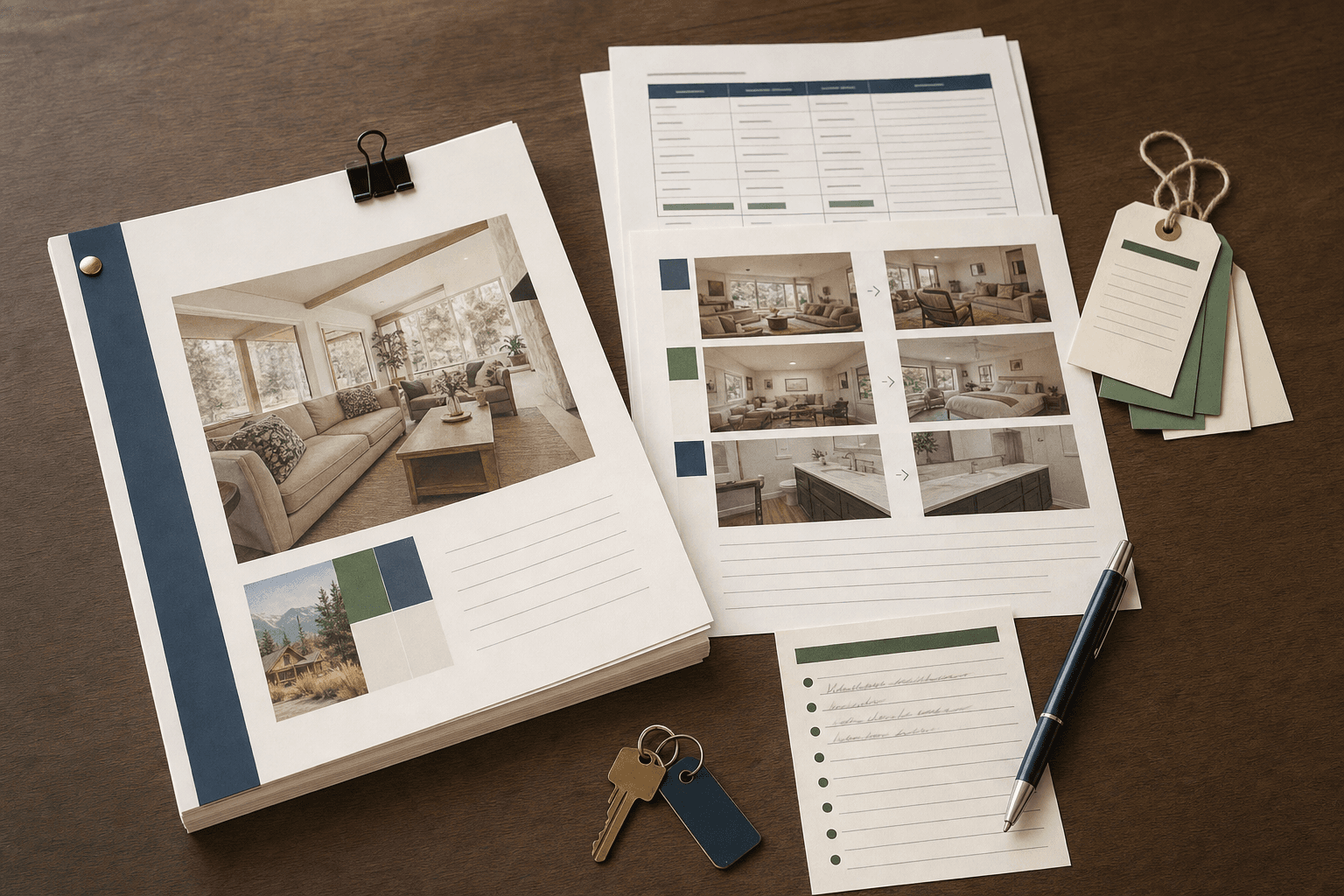 Manager desk with printed short-term rental turnover recap and photo strips