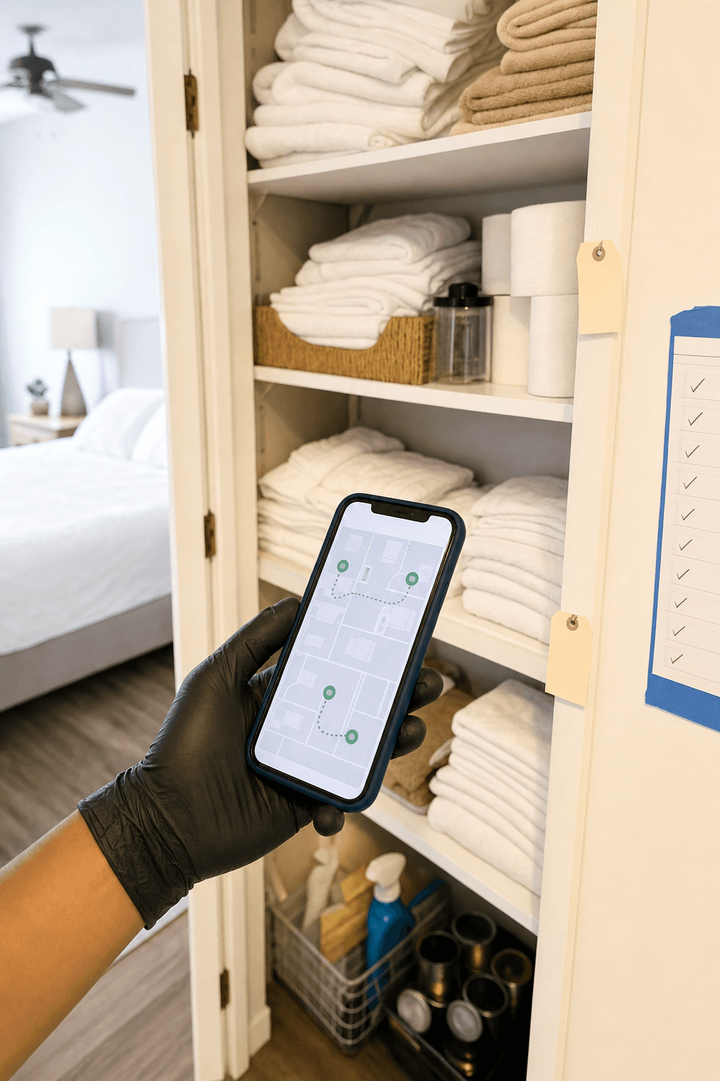 Crew member using a phone beside linen closet during short-term rental turnover